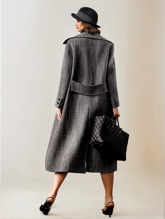 女性用ウール 英国風 オーバーコート ベルト付き ラージラペル ヘリンボーン柄 ラップコート 2025