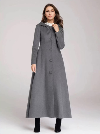 グレイウール混紡コート フード付き ダークネイビー Aライン フレア マキシ アウター レディース 2025
