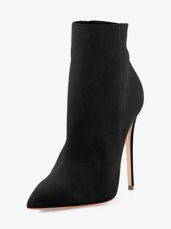 ブラック レディース スエード アンクルブーツ ブラウン ポインテッドトゥ ハイヒール ブーティ