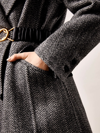 女性用ウール 英国風 オーバーコート ベルト付き ラージラペル ヘリンボーン柄 ラップコート 2025