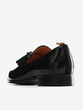   メンズタッセルローファー、ペニーシューズ、スリッポン、パテントレザー、スクエアトゥ、プロム、パーティー、ウェディングシューズ