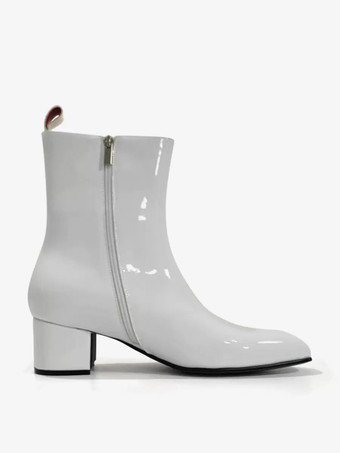 メンズブーツ パテントレザー チャンキーヒール パーティーブーツ ブラック ジッパー ショートブーツ