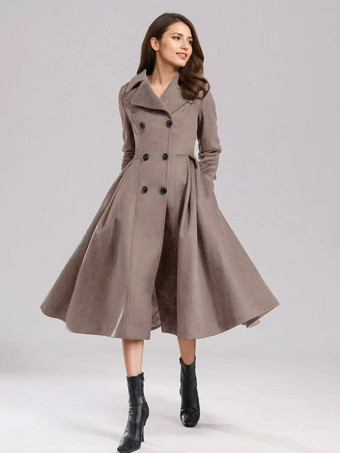 ラクダ色 グリーン ウール フレアコート ダブルブレスト ワイドラペル 冬 Aライン ミディ アウターウェア 2025