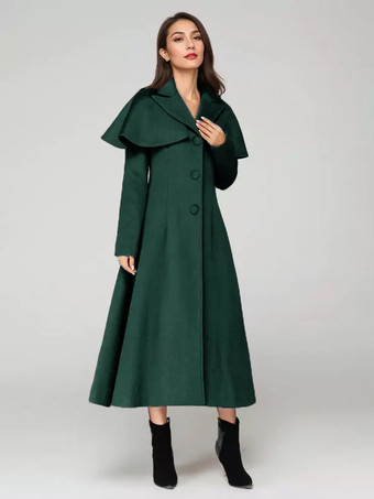 グリーン ウール混紡コート ケープ付き クラシックラペル エレガント キャメル 冬用ロングアウター レディース 2025