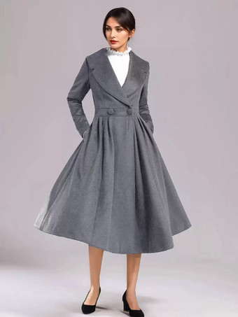 グレイウールブレンド フレアコート ブラック ワイドラペル Aライン 冬 ミディ丈 アウターウェア レディース 2025