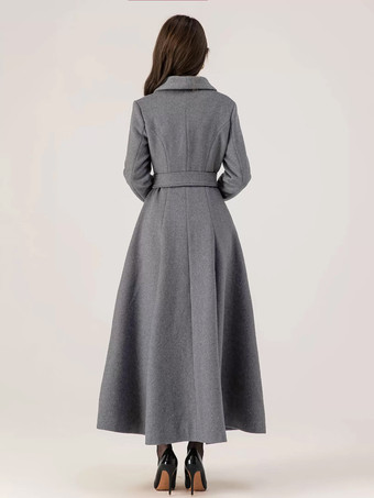 ロングウールフレアコート グレー ベルト付き 冬 フルレングス アウターウェア レディース 2025