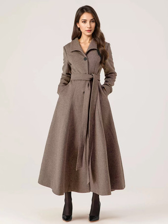 ラクダ色 ロングウールフレアコート グレー ベルト付き 冬 フルレングス アウターウェア レディース 2025