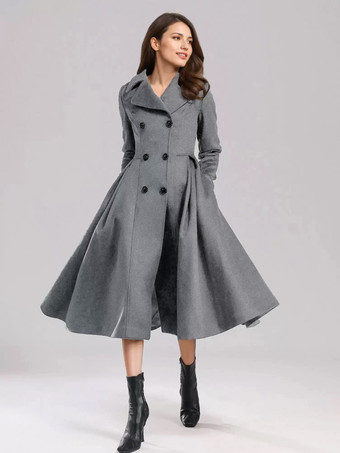 グレイグリーン ウール フレアコート ダブルブレスト ワイドラペル 冬 Aライン ミディ アウターウェア 2025