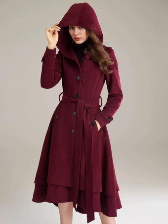 女性用ウールフレアコート フード付き ベルト付き Aライン ヴィンテージ 冬 ミディ丈 アウターウェア 2025