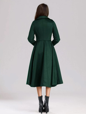 グリーン ウール フレアコート ダブルブレスト ワイドラペル 冬 Aライン ミディ アウターウェア 2025