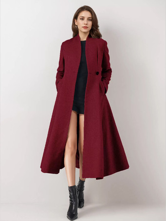 ワインレッド ウールブレンドフレアコート レディース ワンボタン グレー Aライン 冬 ミディ丈 アウターウェア 2025