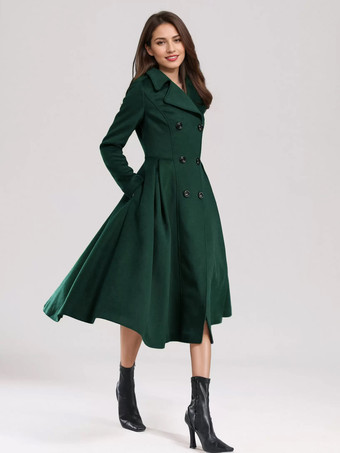 グリーン ウール フレアコート ダブルブレスト ワイドラペル 冬 Aライン ミディ アウターウェア 2025