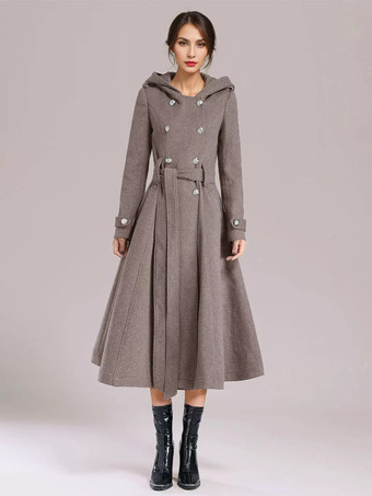 ラクダ色 ダブルブレスト ウールコート フード付き バーガンディ ベルト付き 冬用ロングアウター レディース 2025