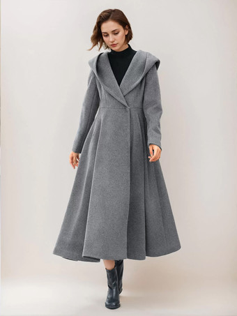 女性用フレアウールコート フード付き グレー ベルト付き Aライン 冬用ロングアウター 2025