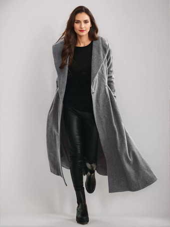 グレイウール フレア コート フード付き ヴィンテージ ベルト付き Aライン 冬 ロング アウターウェア レディース 2025