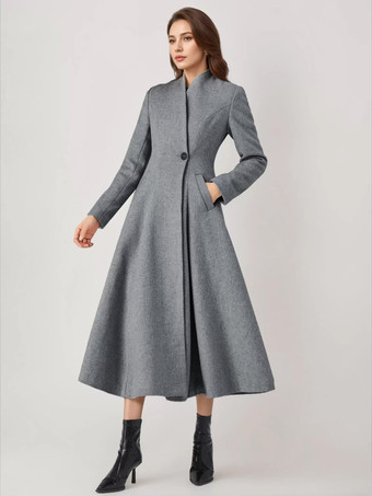 ウールブレンドフレアコート レディース ワンボタン グレー Aライン 冬 ミディ丈 アウターウェア 2025