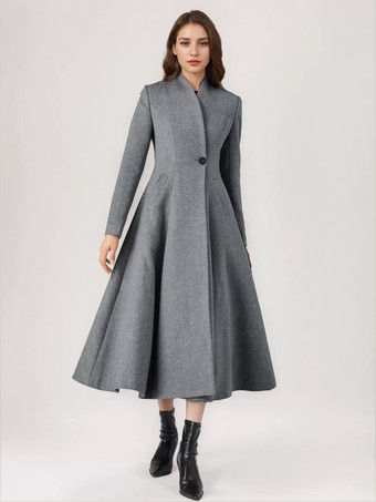 ウールブレンドフレアコート レディース ワンボタン グレー Aライン 冬 ミディ丈 アウターウェア 2025