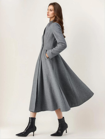ウールブレンドフレアコート レディース ワンボタン グレー Aライン 冬 ミディ丈 アウターウェア 2025