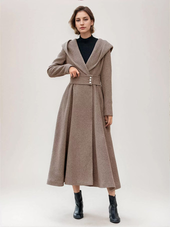 ラクダ色 女性用フレアウールコート フード付き グレー ベルト付き Aライン 冬用ロングアウター 2025