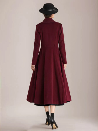 バーガンディ ウール フレアコート ヴィンテージ ショールカラー ダブルブレスト 冬 Aライン アウターウェア レディース 2025