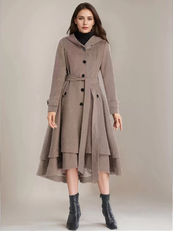ラクダ色 女性用ウールフレアコート フード付き ベルト付き Aライン ヴィンテージ 冬 ミディ丈 アウターウェア 2025