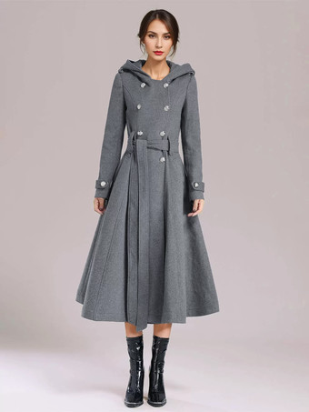 グレイダブルブレスト ウールコート フード付き バーガンディ ベルト付き 冬用ロングアウター レディース 2025