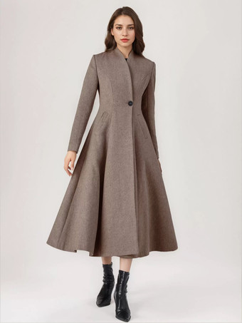 ラクダ色 ウールブレンドフレアコート レディース ワンボタン グレー Aライン 冬 ミディ丈 アウターウェア 2025