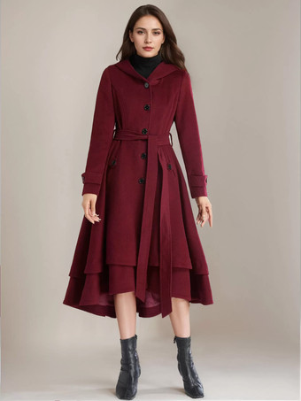ワインレッド 女性用ウールフレアコート フード付き ベルト付き Aライン ヴィンテージ 冬 ミディ丈 アウターウェア 2025