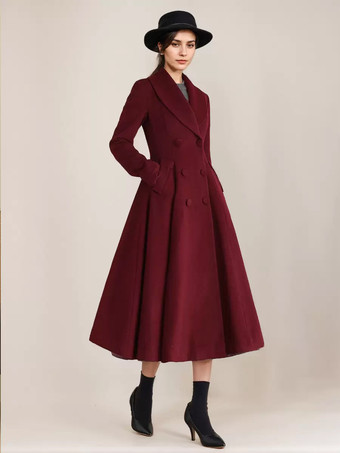 バーガンディ ウール フレアコート ヴィンテージ ショールカラー ダブルブレスト 冬 Aライン アウターウェア レディース 2025