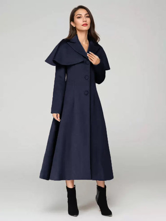ダークネイビーウール混紡コート ケープ付き クラシックラペル エレガント キャメル 冬用ロングアウター レディース 2025