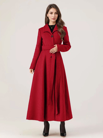 レッド ロングウールフレアコート グレー ベルト付き 冬 フルレングス アウターウェア レディース 2025