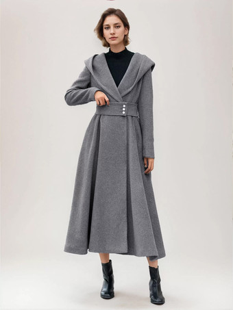 女性用フレアウールコート フード付き グレー ベルト付き Aライン 冬用ロングアウター 2025