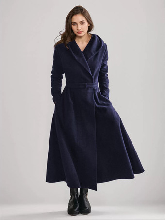 ダークネイビーウール フレア コート フード付き ヴィンテージ ベルト付き Aライン 冬 ロング アウターウェア レディース 2025