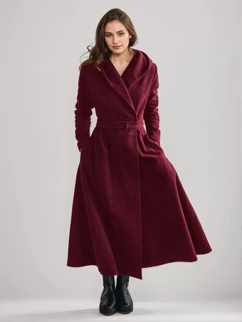 ワインレッド ウール フレア コート フード付き ヴィンテージ ベルト付き Aライン 冬 ロング アウターウェア レディース 2025