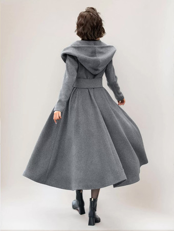 女性用フレアウールコート フード付き グレー ベルト付き Aライン 冬用ロングアウター 2025