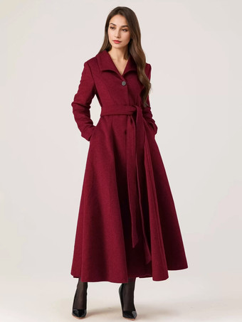 ワインレッド ロングウールフレアコート グレー ベルト付き 冬 フルレングス アウターウェア レディース 2025