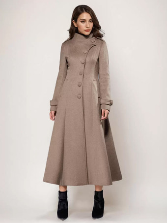 ラクダ色 ウールブレンドロングコート Aライン フレア スタンドカラー エレガント グレー ヴィンテージ 冬アウターウェア レディース 2025