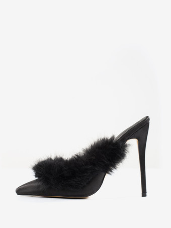 ブラックハイヒール フェイクフェザー ポインテッドトゥ スティレットヒール ミュール