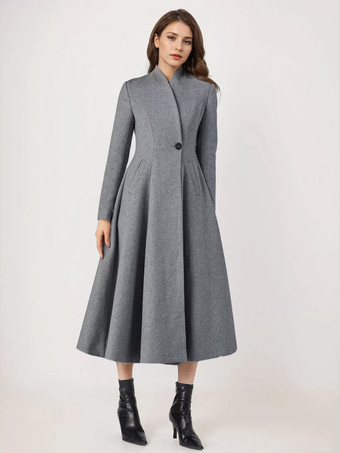 ウールブレンドフレアコート レディース ワンボタン グレー Aライン 冬 ミディ丈 アウターウェア 2025