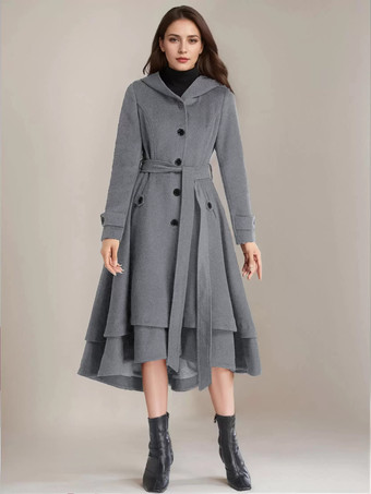 グレイ女性用ウールフレアコート フード付き ベルト付き Aライン ヴィンテージ 冬 ミディ丈 アウターウェア 2025