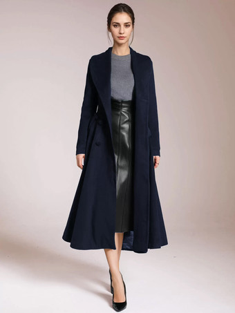 ダークネイビーバーガンディ ウール フレアコート ヴィンテージ ショールカラー ダブルブレスト 冬 Aライン アウターウェア レディース 2025