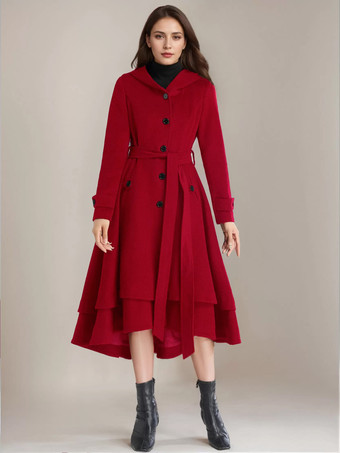 レッド 女性用ウールフレアコート フード付き ベルト付き Aライン ヴィンテージ 冬 ミディ丈 アウターウェア 2025