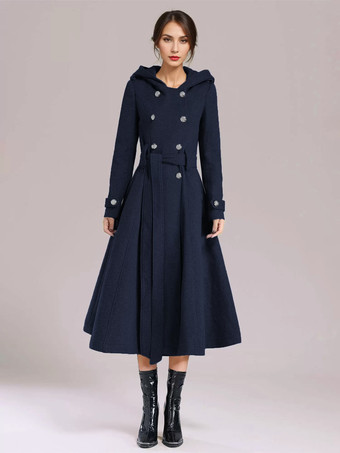 ダークネイビーダブルブレスト ウールコート フード付き バーガンディ ベルト付き 冬用ロングアウター レディース 2025
