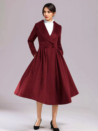 ワインレッド ウールブレンド フレアコート ブラック ワイドラペル Aライン 冬 ミディ丈 アウターウェア レディース 2025