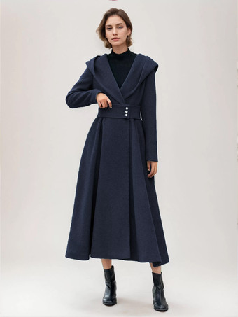 ダークネイビー女性用フレアウールコート フード付き グレー ベルト付き Aライン 冬用ロングアウター 2025