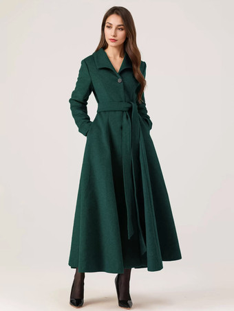 グリーン ロングウールフレアコート グレー ベルト付き 冬 フルレングス アウターウェア レディース 2025