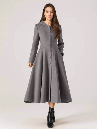 グレイウール フレア コート フード付き 女性用 赤 A ライン ロング 冬アウター 2025