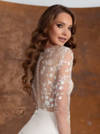 ツーピースウェディングドレス シフォン レース ジュエルネック ツーピース フロアレングス ジッパー ロングスリーブ フロアレングス アイボリー