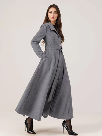 ロングウールフレアコート グレー ベルト付き 冬 フルレングス アウターウェア レディース 2025