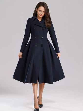 ダークネイビーグリーン ウール フレアコート ダブルブレスト ワイドラペル 冬 Aライン ミディ アウターウェア 2025